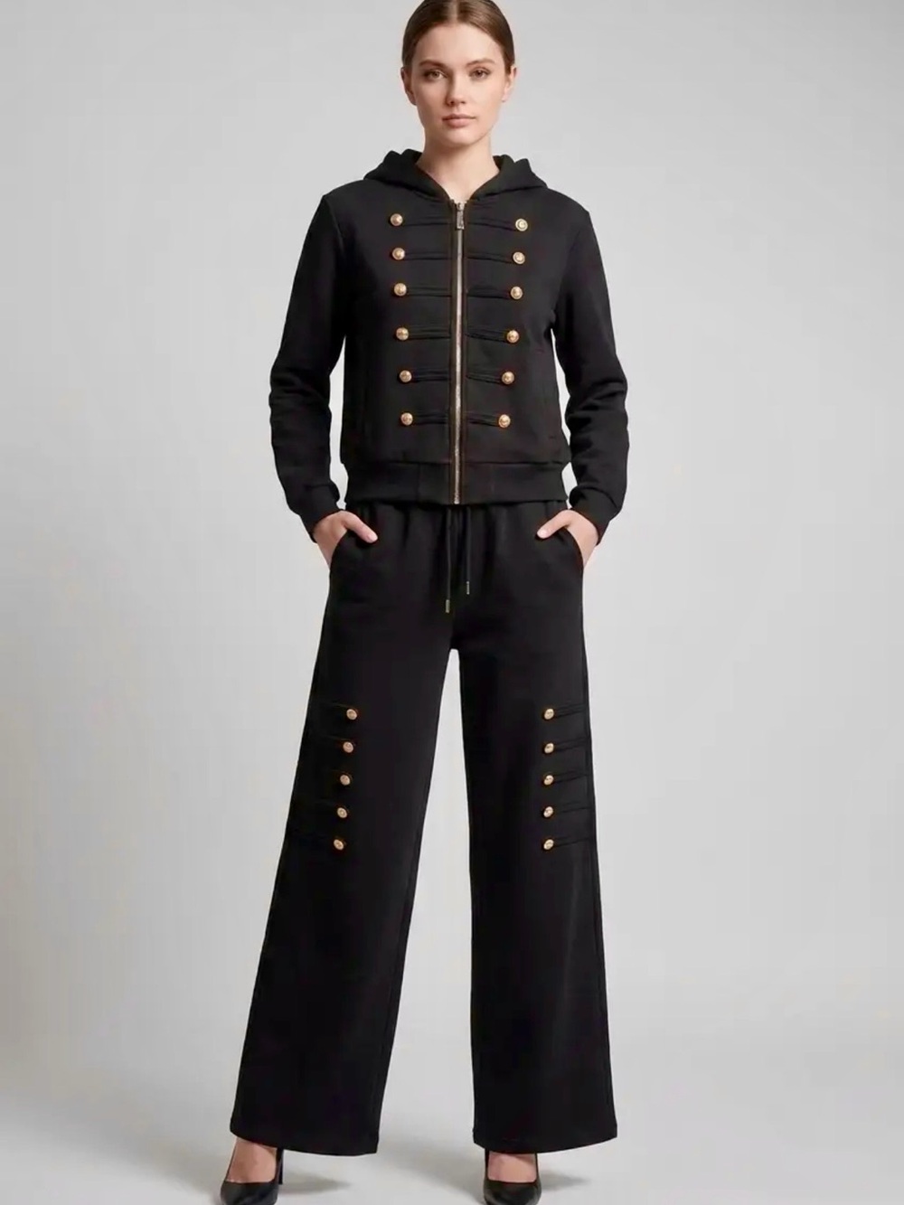 Military Detail Hooded Lounge Set - BLACK